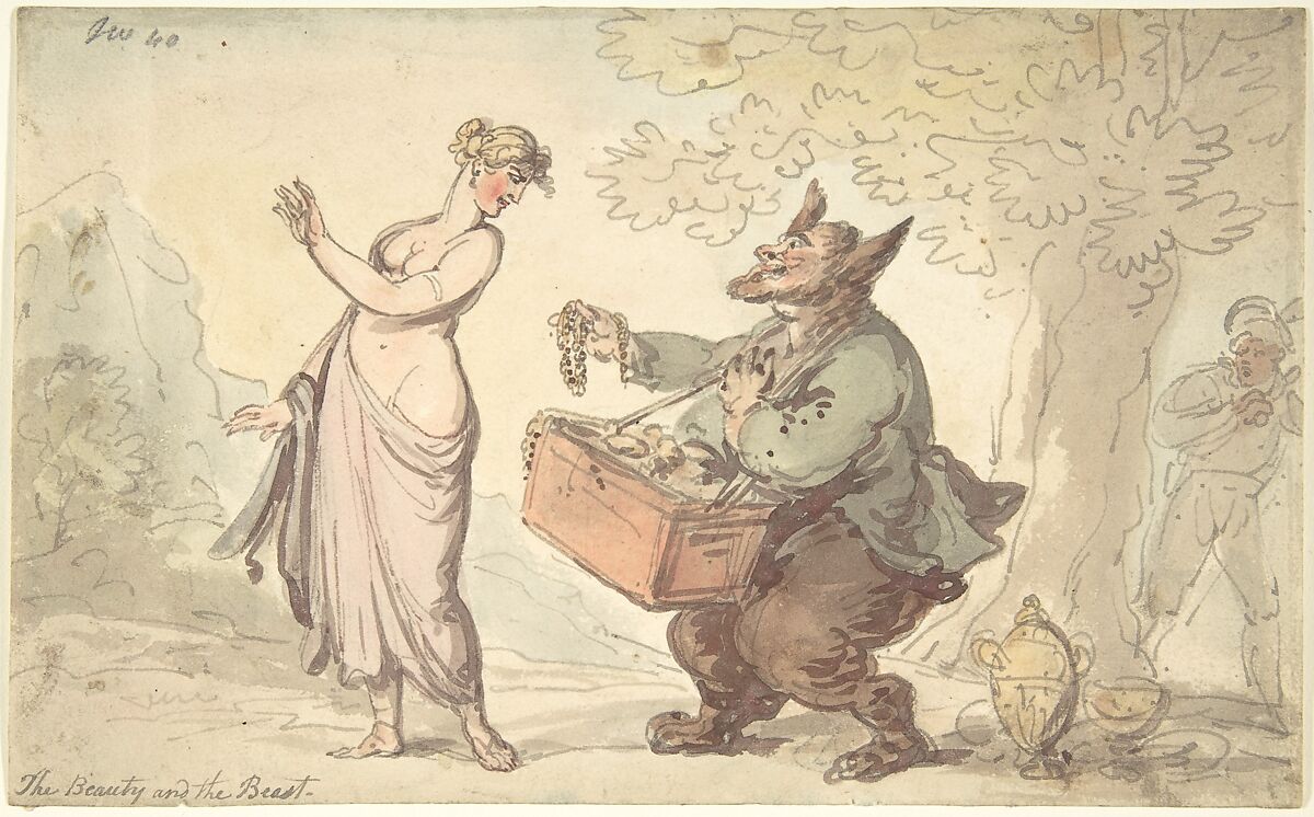 Beauty and the Beast, Attributed to Thomas Rowlandson (British, London 1757–1827 London), Watercolor 