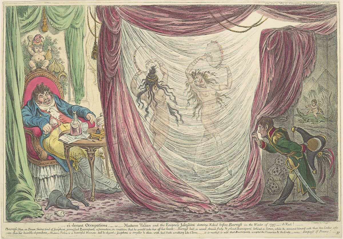Ci-devant Occupations; or, Madame Talian and the Empress Josephine Dancing Naked before Barrass in the Winter of 1797. - A Fact!, James Gillray (British, London 1756–1815 London), Hand-colored etching 