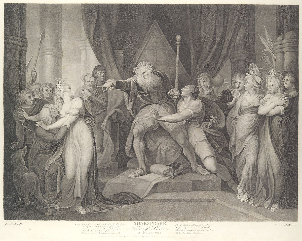 King Lear Casting Out His Daughter Cordelia (Shakespeare, King Lear, Act 1, Scene 1), Richard Earlom (British, London 1743–1822 London), Stipple engraving; fourth state of four 