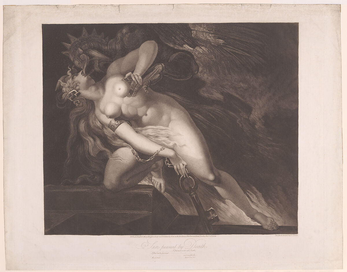 Sin Pursued by Death (John Milton, Paradise Lost, Book 2, 787, 790-792), Moses Haughton the younger (British, Wednesbury, West Midlands 1773–1849 Birmingham), Stipple engraving and aquatint; published state 
