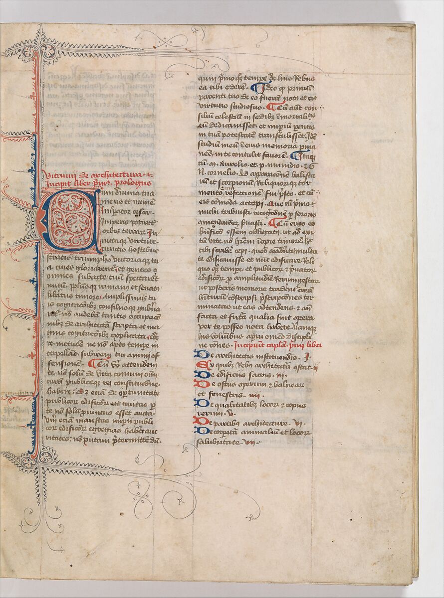 De Architectura, Marcus Pollio Vitruvius (Roman, active late 1st century BCE), Manuscript; brownish black ink and red and blue pigments on vellum