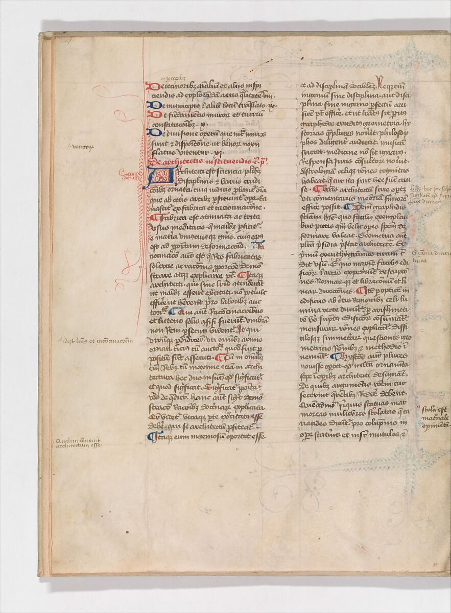De Architectura, Marcus Pollio Vitruvius (Roman, active late 1st century BCE), Manuscript; brownish black ink and red and blue pigments on vellum