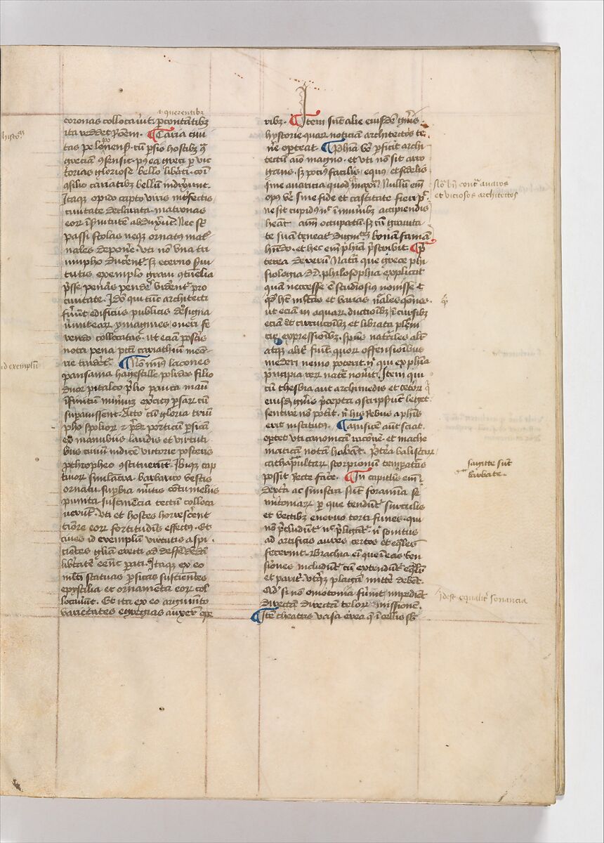 De Architectura, Marcus Pollio Vitruvius (Roman, active late 1st century BCE), Manuscript; brownish black ink and red and blue pigments on vellum
