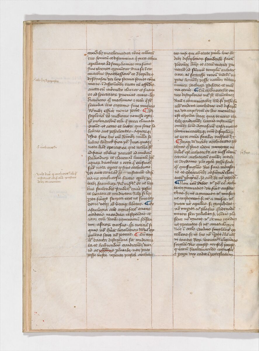De Architectura, Marcus Pollio Vitruvius (Roman, active late 1st century BCE), Manuscript; brownish black ink and red and blue pigments on vellum