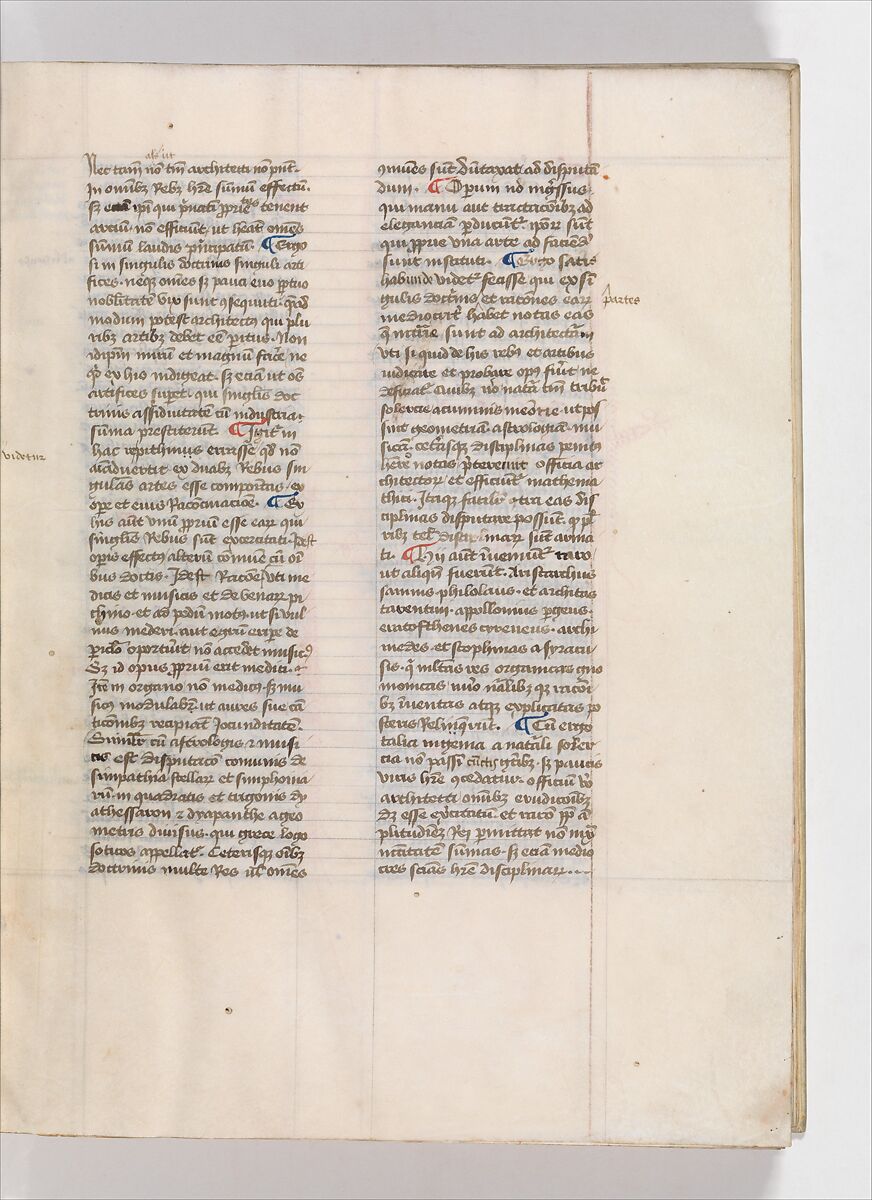 De Architectura, Marcus Pollio Vitruvius (Roman, active late 1st century BCE), Manuscript; brownish black ink and red and blue pigments on vellum