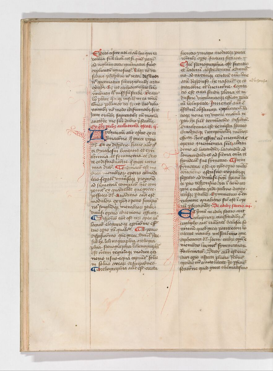 De Architectura, Marcus Pollio Vitruvius (Roman, active late 1st century BCE), Manuscript; brownish black ink and red and blue pigments on vellum