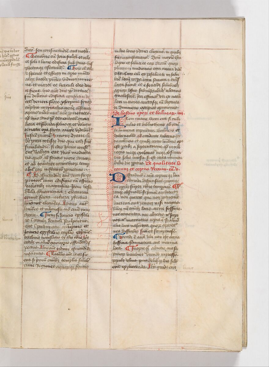 De Architectura, Marcus Pollio Vitruvius (Roman, active late 1st century BCE), Manuscript; brownish black ink and red and blue pigments on vellum