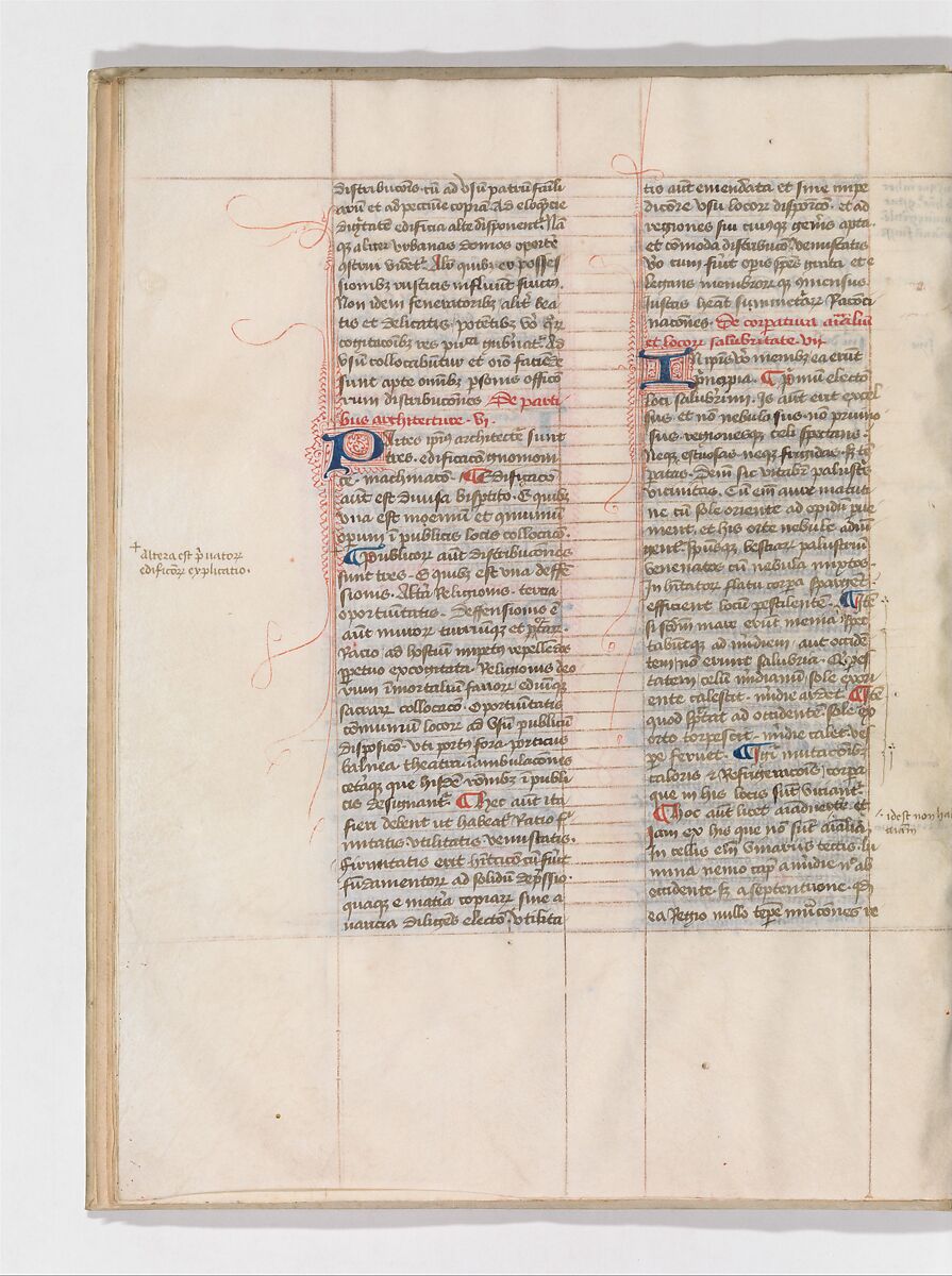 De Architectura, Marcus Pollio Vitruvius (Roman, active late 1st century BCE), Manuscript; brownish black ink and red and blue pigments on vellum