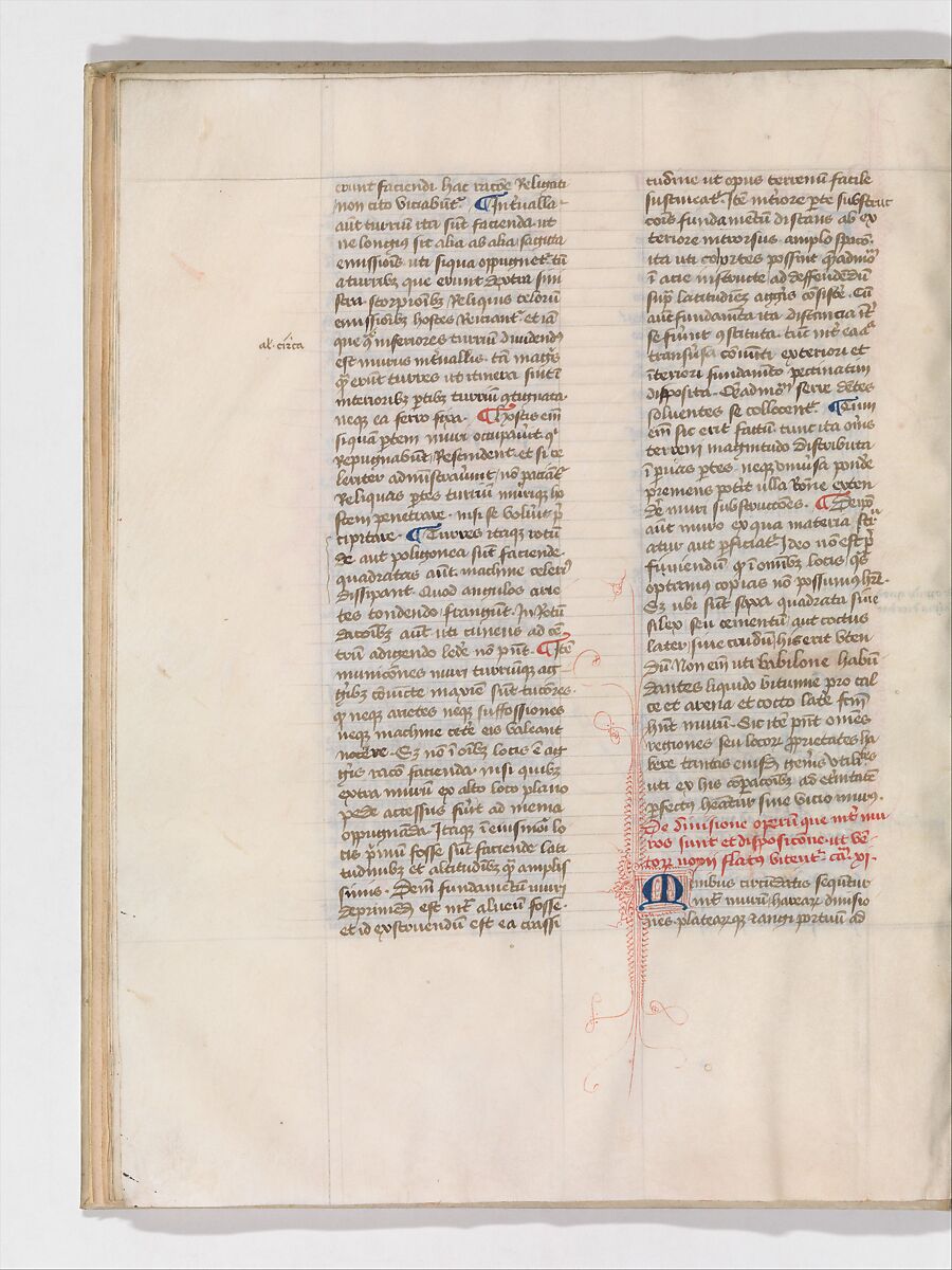 De Architectura, Marcus Pollio Vitruvius (Roman, active late 1st century BCE), Manuscript; brownish black ink and red and blue pigments on vellum