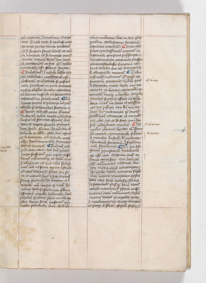 De Architectura, Marcus Pollio Vitruvius (Roman, active late 1st century BCE), Manuscript; brownish black ink and red and blue pigments on vellum