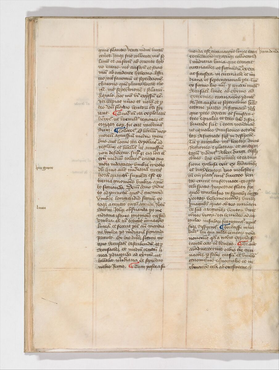 De Architectura, Marcus Pollio Vitruvius (Roman, active late 1st century BCE), Manuscript; brownish black ink and red and blue pigments on vellum