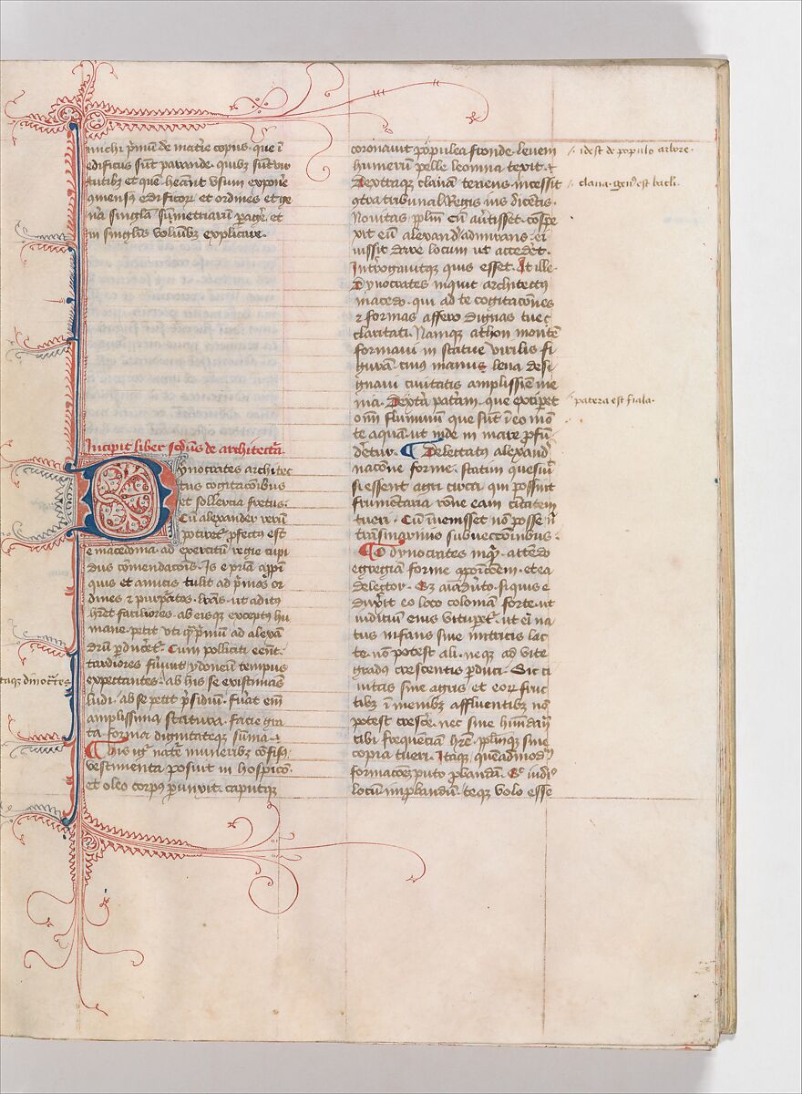 De Architectura, Marcus Pollio Vitruvius (Roman, active late 1st century BCE), Manuscript; brownish black ink and red and blue pigments on vellum