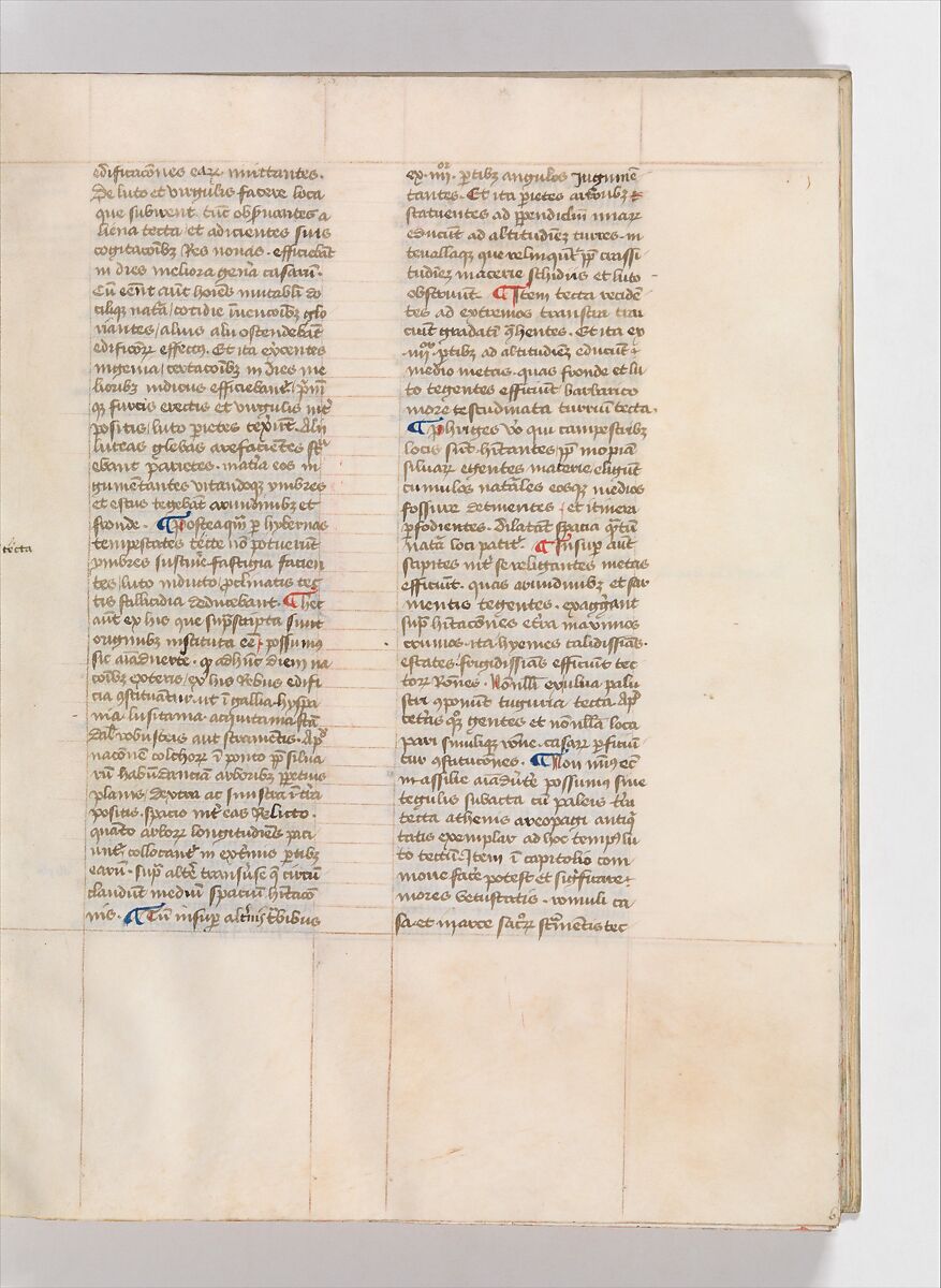 De Architectura, Marcus Pollio Vitruvius (Roman, active late 1st century BCE), Manuscript; brownish black ink and red and blue pigments on vellum
