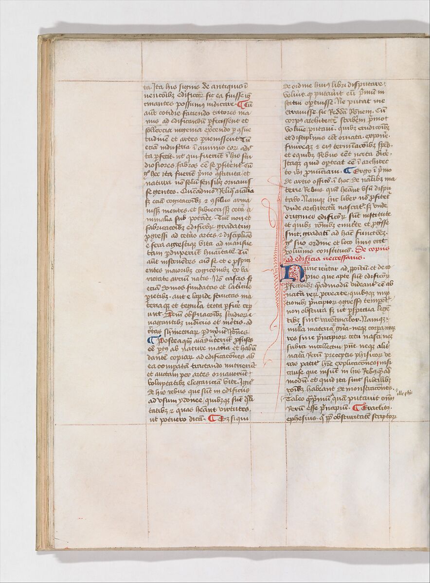 De Architectura, Marcus Pollio Vitruvius (Roman, active late 1st century BCE), Manuscript; brownish black ink and red and blue pigments on vellum