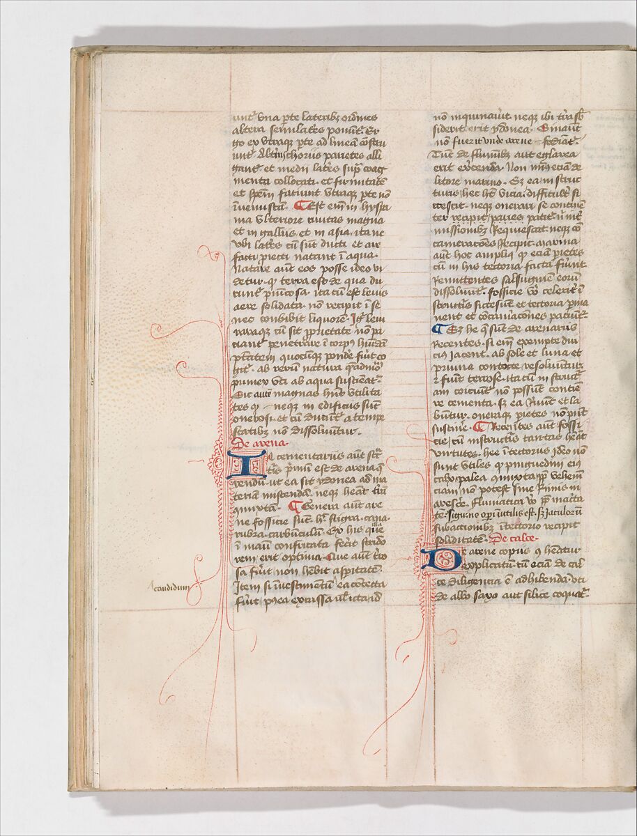 De Architectura, Marcus Pollio Vitruvius (Roman, active late 1st century BCE), Manuscript; brownish black ink and red and blue pigments on vellum