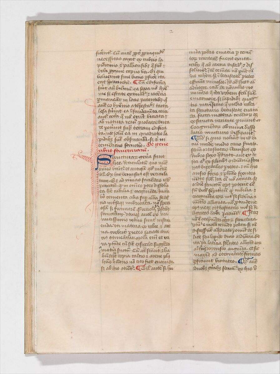 De Architectura, Marcus Pollio Vitruvius (Roman, active late 1st century BCE), Manuscript; brownish black ink and red and blue pigments on vellum