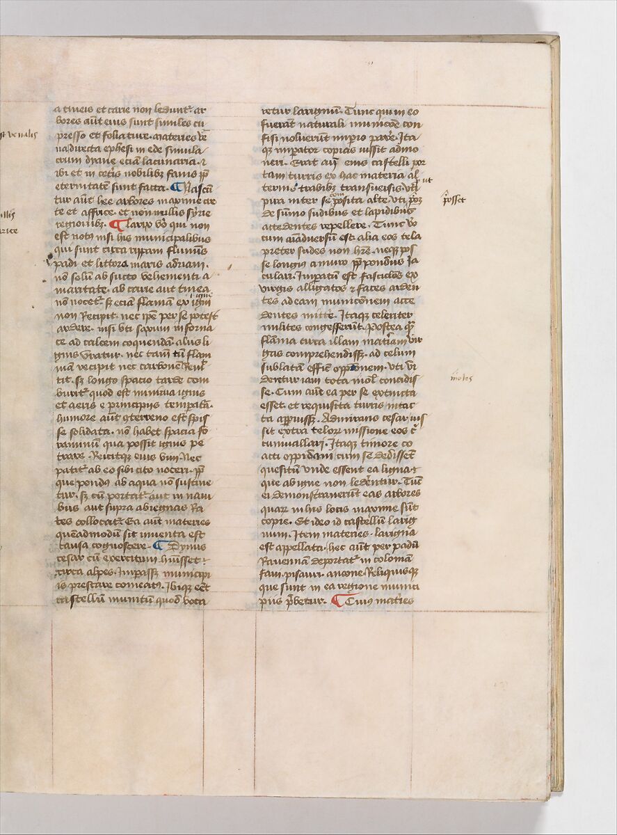 De Architectura, Marcus Pollio Vitruvius (Roman, active late 1st century BCE), Manuscript; brownish black ink and red and blue pigments on vellum