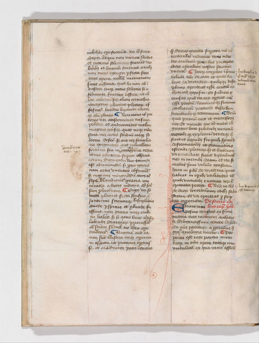 De Architectura, Marcus Pollio Vitruvius (Roman, active late 1st century BCE), Manuscript; brownish black ink and red and blue pigments on vellum