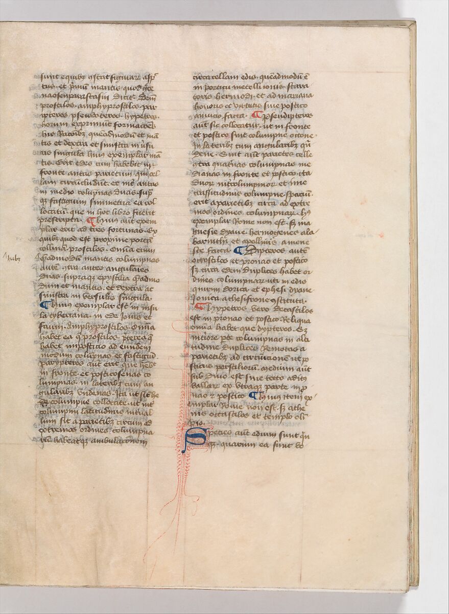 De Architectura, Marcus Pollio Vitruvius (Roman, active late 1st century BCE), Manuscript; brownish black ink and red and blue pigments on vellum