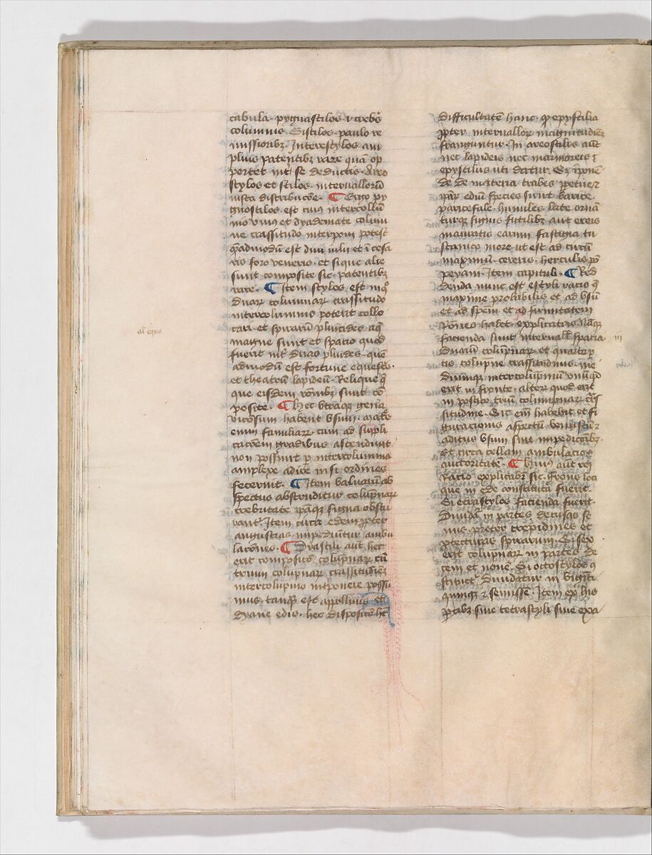 De Architectura, Marcus Pollio Vitruvius (Roman, active late 1st century BCE), Manuscript; brownish black ink and red and blue pigments on vellum