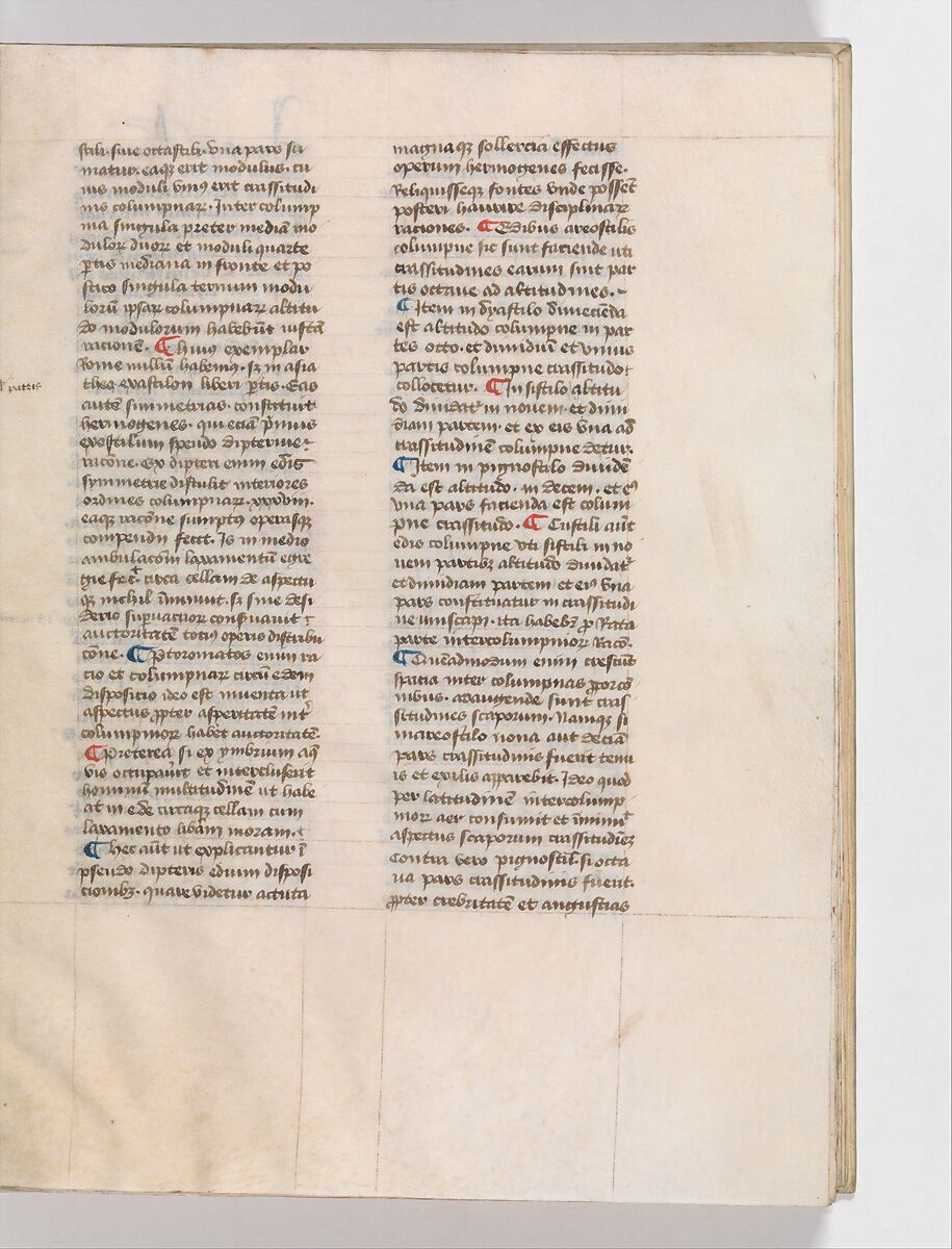De Architectura, Marcus Pollio Vitruvius (Roman, active late 1st century BCE), Manuscript; brownish black ink and red and blue pigments on vellum