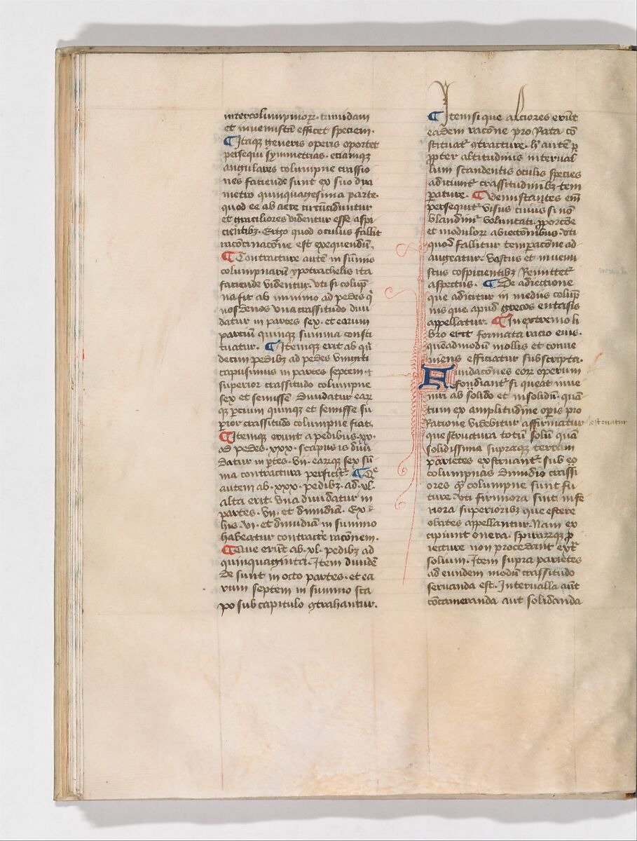 De Architectura, Marcus Pollio Vitruvius (Roman, active late 1st century BCE), Manuscript; brownish black ink and red and blue pigments on vellum