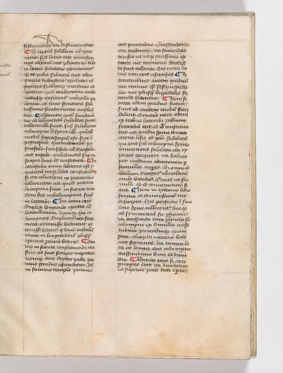De Architectura, Marcus Pollio Vitruvius (Roman, active late 1st century BCE), Manuscript; brownish black ink and red and blue pigments on vellum