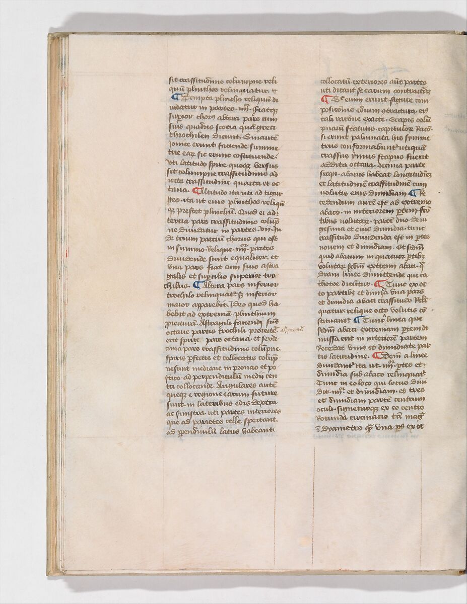 De Architectura, Marcus Pollio Vitruvius (Roman, active late 1st century BCE), Manuscript; brownish black ink and red and blue pigments on vellum