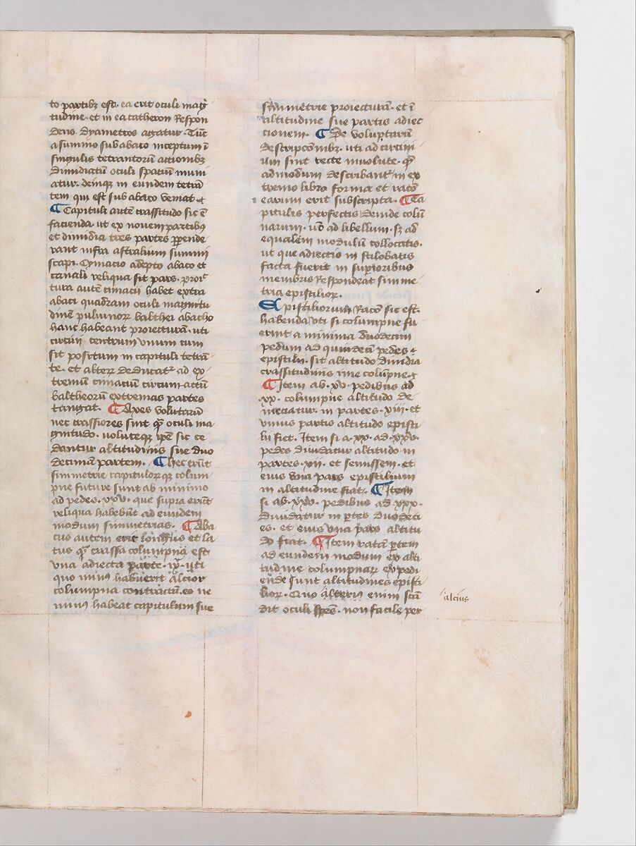 De Architectura, Marcus Pollio Vitruvius (Roman, active late 1st century BCE), Manuscript; brownish black ink and red and blue pigments on vellum