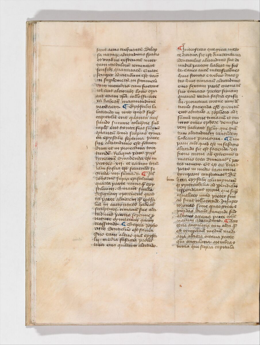 De Architectura, Marcus Pollio Vitruvius (Roman, active late 1st century BCE), Manuscript; brownish black ink and red and blue pigments on vellum