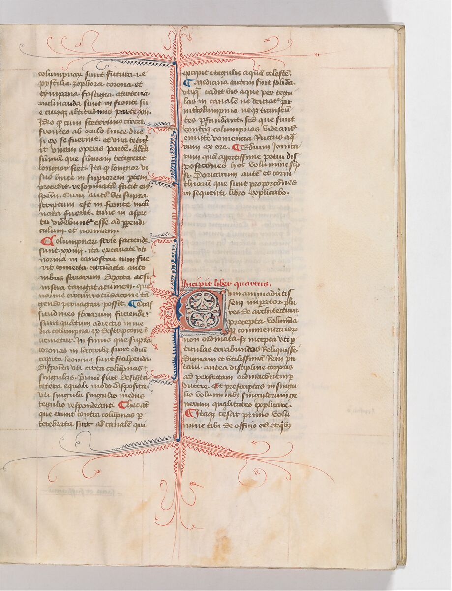 De Architectura, Marcus Pollio Vitruvius (Roman, active late 1st century BCE), Manuscript; brownish black ink and red and blue pigments on vellum