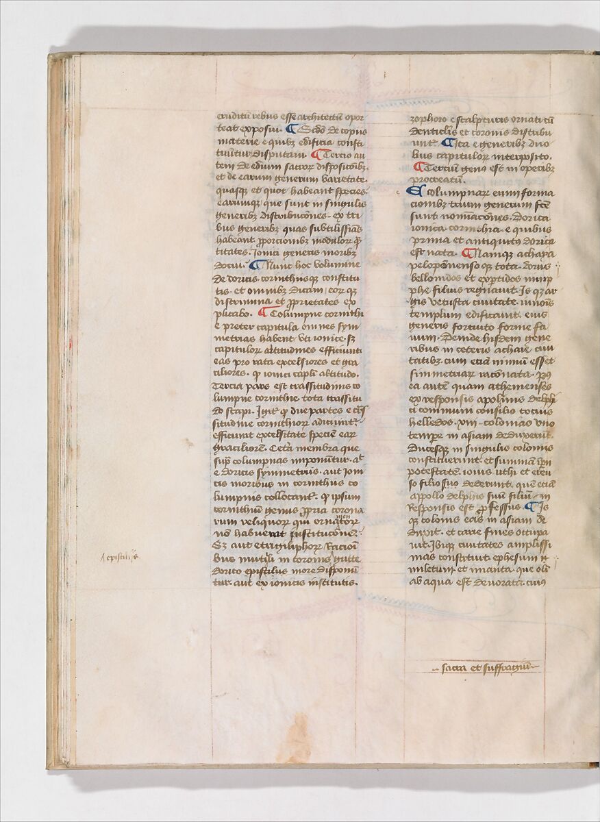 De Architectura, Marcus Pollio Vitruvius (Roman, active late 1st century BCE), Manuscript; brownish black ink and red and blue pigments on vellum