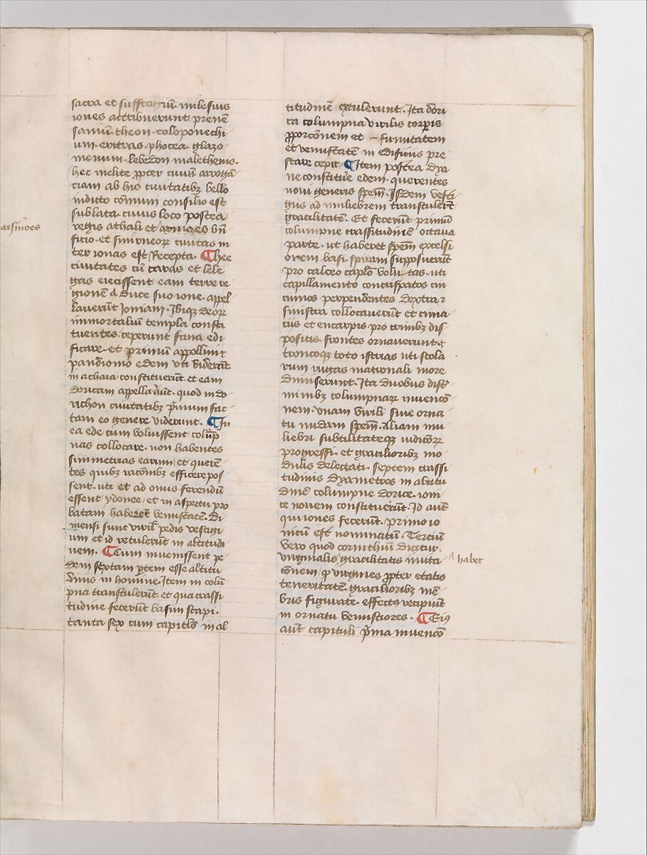 De Architectura, Marcus Pollio Vitruvius (Roman, active late 1st century BCE), Manuscript; brownish black ink and red and blue pigments on vellum