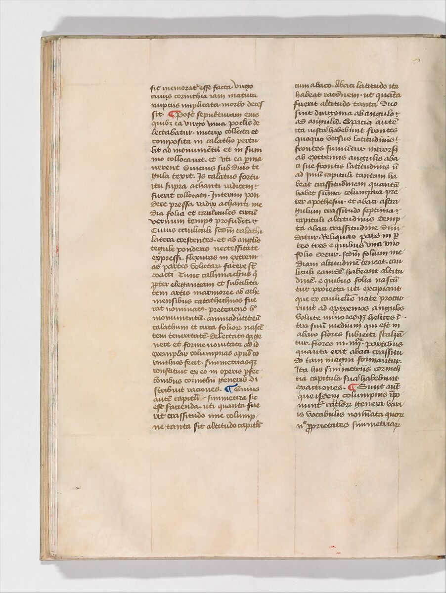 De Architectura, Marcus Pollio Vitruvius (Roman, active late 1st century BCE), Manuscript; brownish black ink and red and blue pigments on vellum