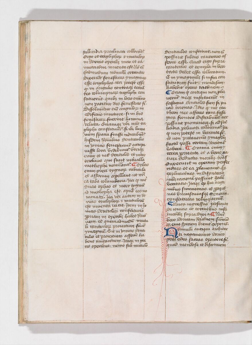 De Architectura, Marcus Pollio Vitruvius (Roman, active late 1st century BCE), Manuscript; brownish black ink and red and blue pigments on vellum