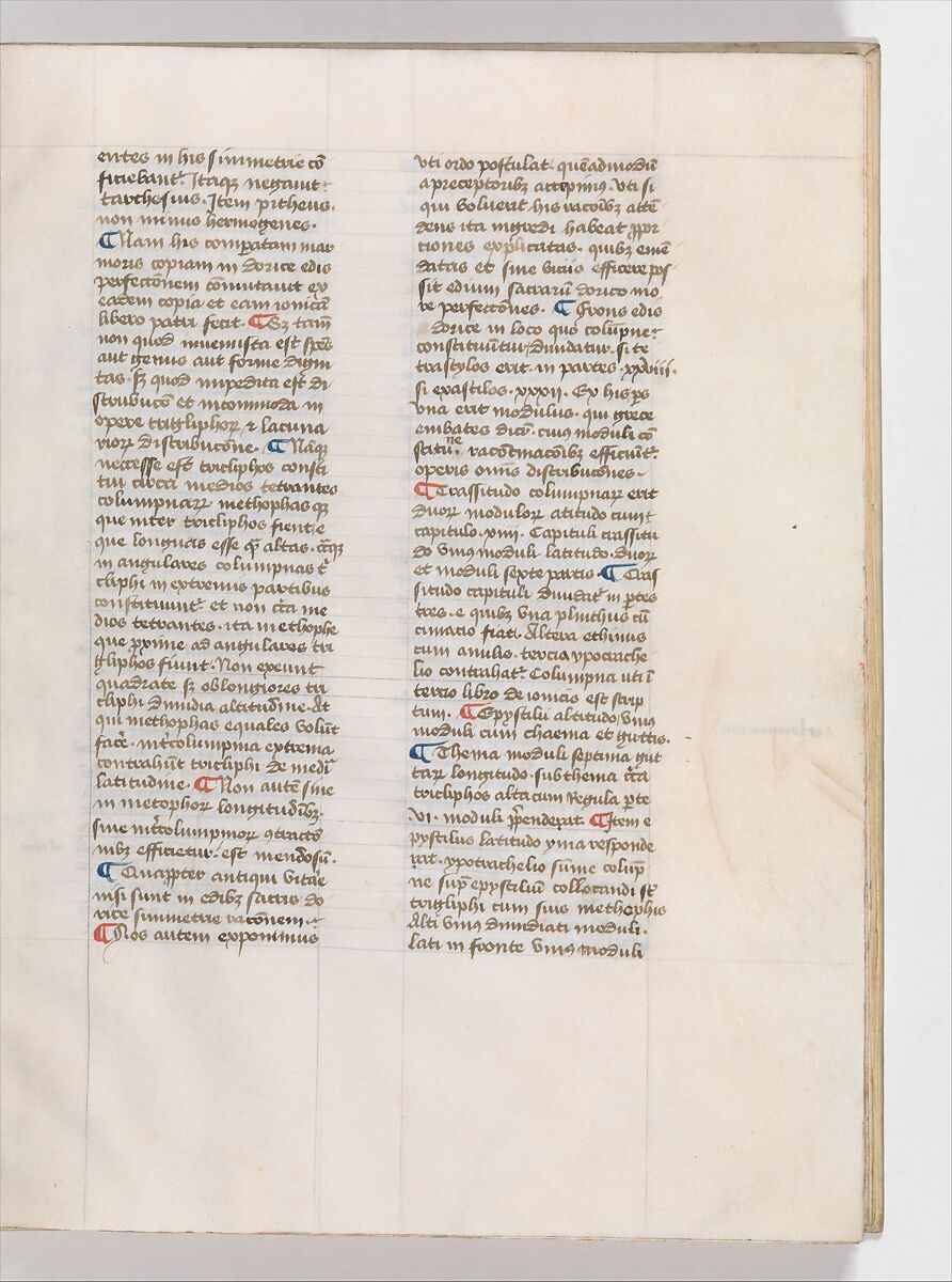 De Architectura, Marcus Pollio Vitruvius (Roman, active late 1st century BCE), Manuscript; brownish black ink and red and blue pigments on vellum