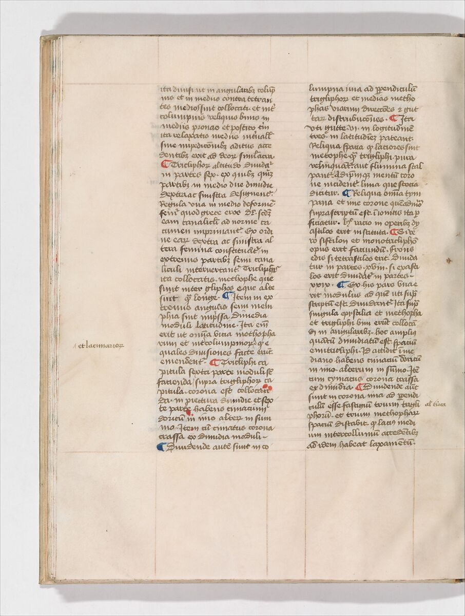 De Architectura, Marcus Pollio Vitruvius (Roman, active late 1st century BCE), Manuscript; brownish black ink and red and blue pigments on vellum