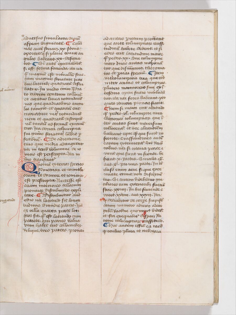 De Architectura, Marcus Pollio Vitruvius (Roman, active late 1st century BCE), Manuscript; brownish black ink and red and blue pigments on vellum