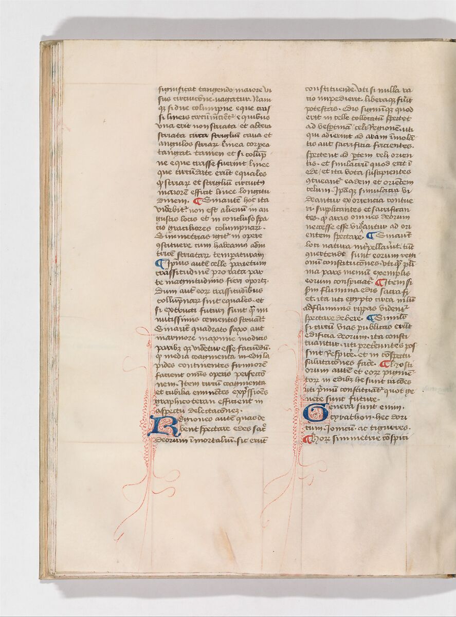 De Architectura, Marcus Pollio Vitruvius (Roman, active late 1st century BCE), Manuscript; brownish black ink and red and blue pigments on vellum