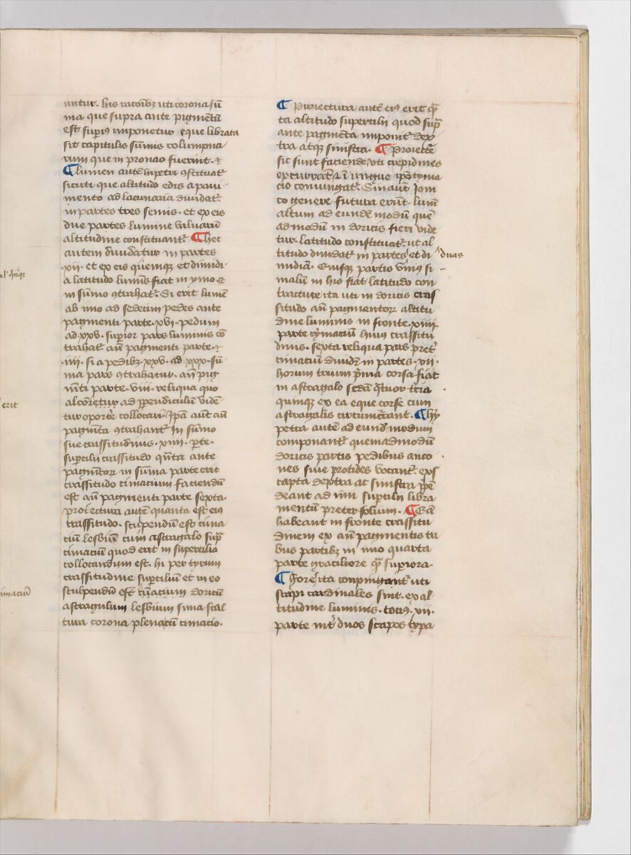 De Architectura, Marcus Pollio Vitruvius (Roman, active late 1st century BCE), Manuscript; brownish black ink and red and blue pigments on vellum