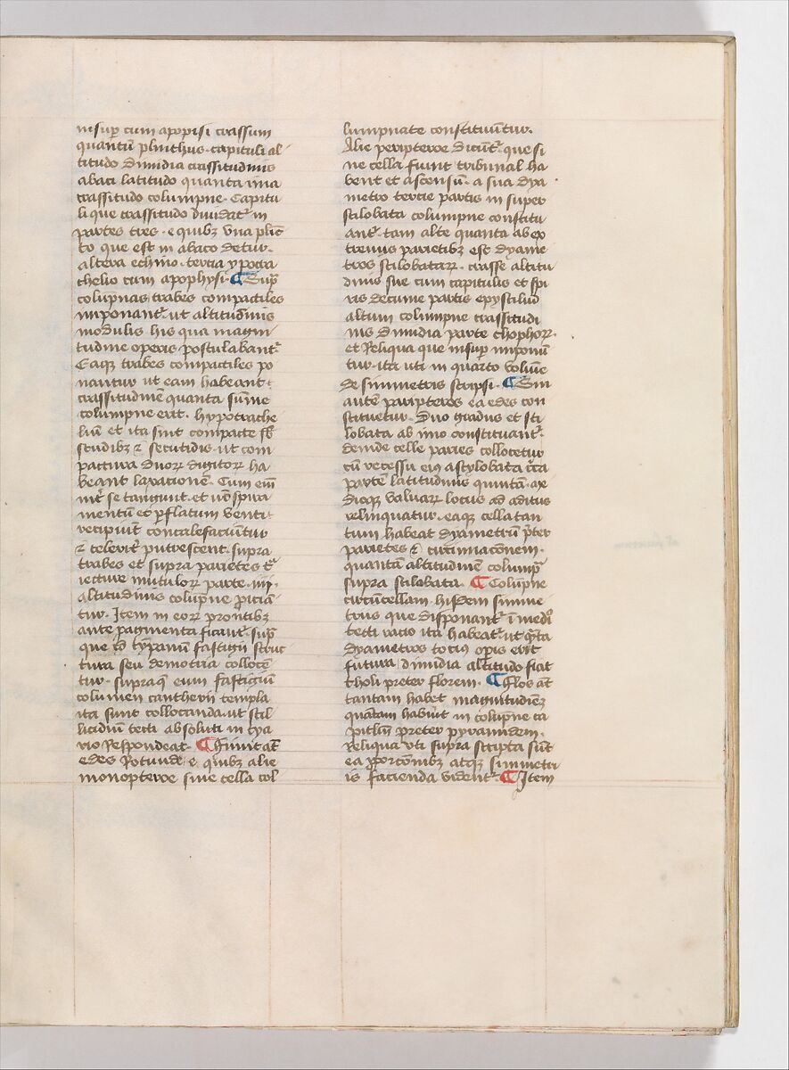 De Architectura, Marcus Pollio Vitruvius (Roman, active late 1st century BCE), Manuscript; brownish black ink and red and blue pigments on vellum