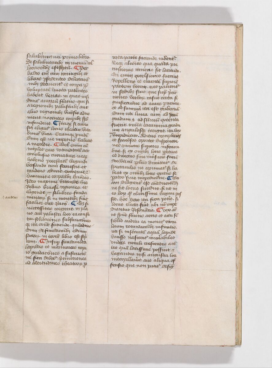 De Architectura, Marcus Pollio Vitruvius (Roman, active late 1st century BCE), Manuscript; brownish black ink and red and blue pigments on vellum
