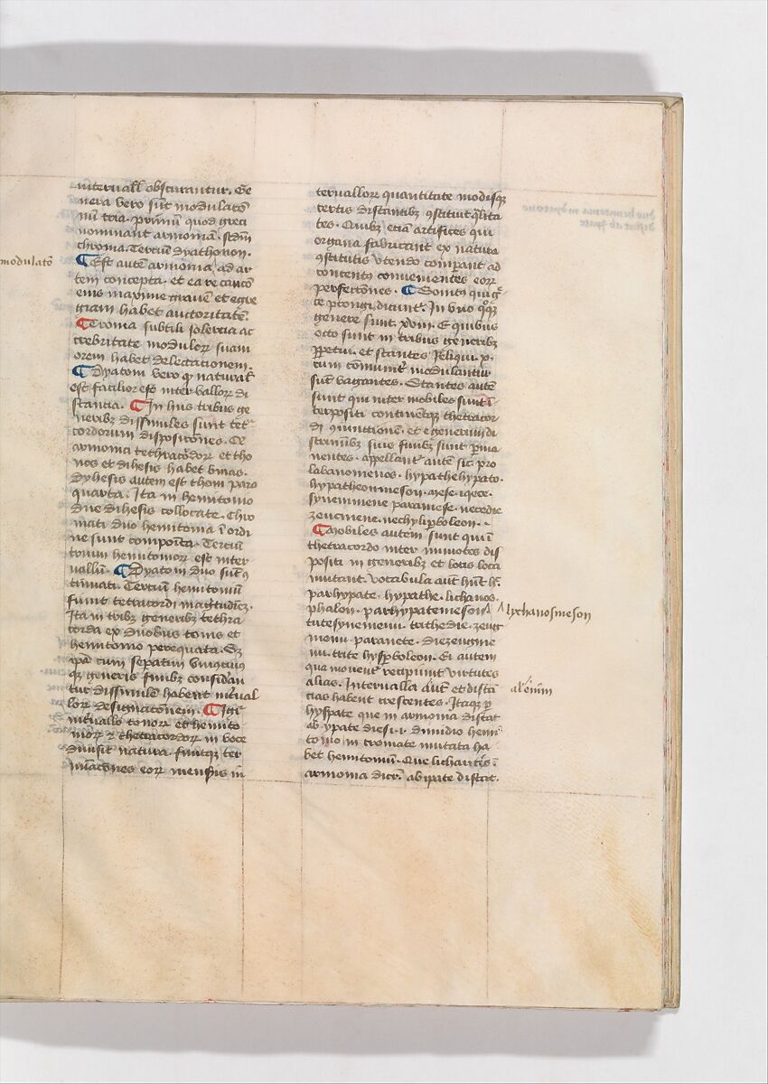 De Architectura, Marcus Pollio Vitruvius (Roman, active late 1st century BCE), Manuscript; brownish black ink and red and blue pigments on vellum