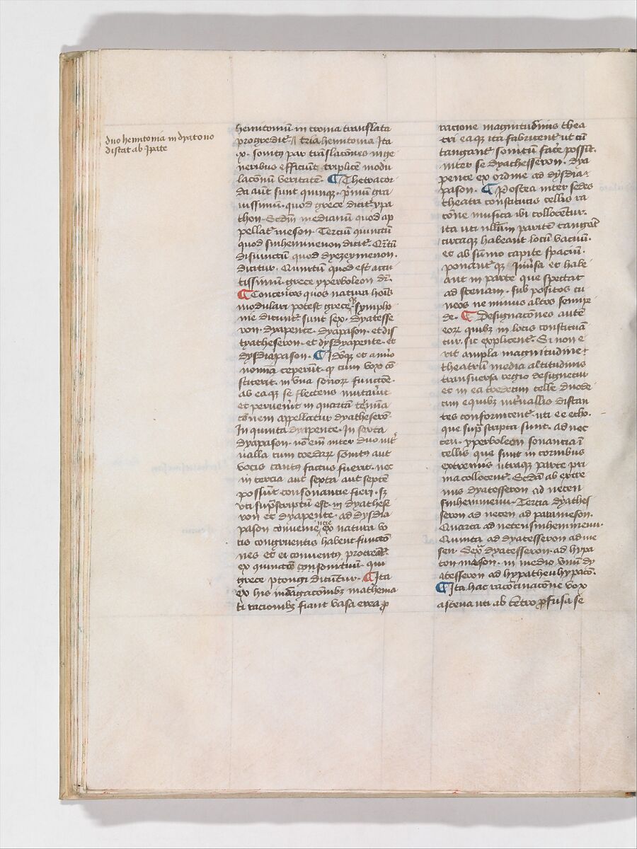 De Architectura, Marcus Pollio Vitruvius (Roman, active late 1st century BCE), Manuscript; brownish black ink and red and blue pigments on vellum