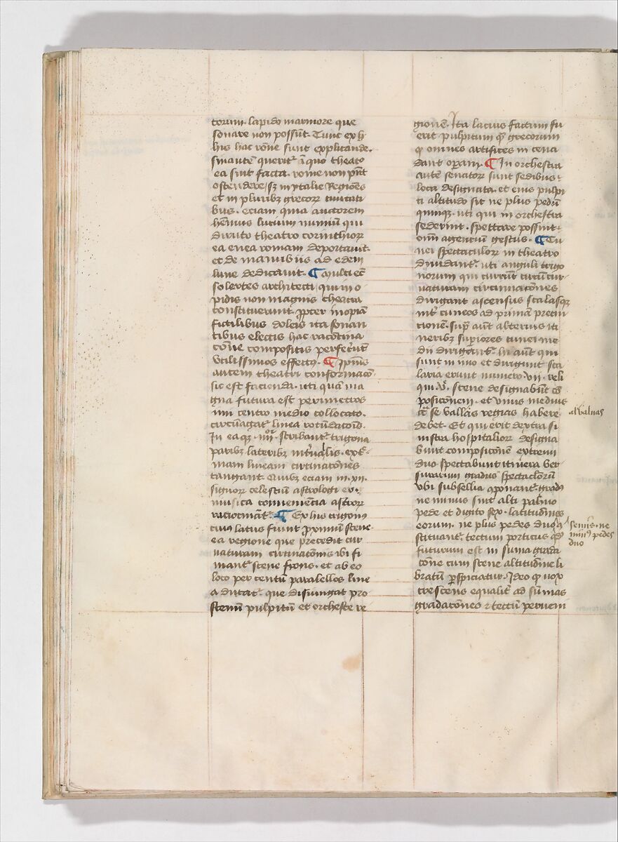 De Architectura, Marcus Pollio Vitruvius (Roman, active late 1st century BCE), Manuscript; brownish black ink and red and blue pigments on vellum