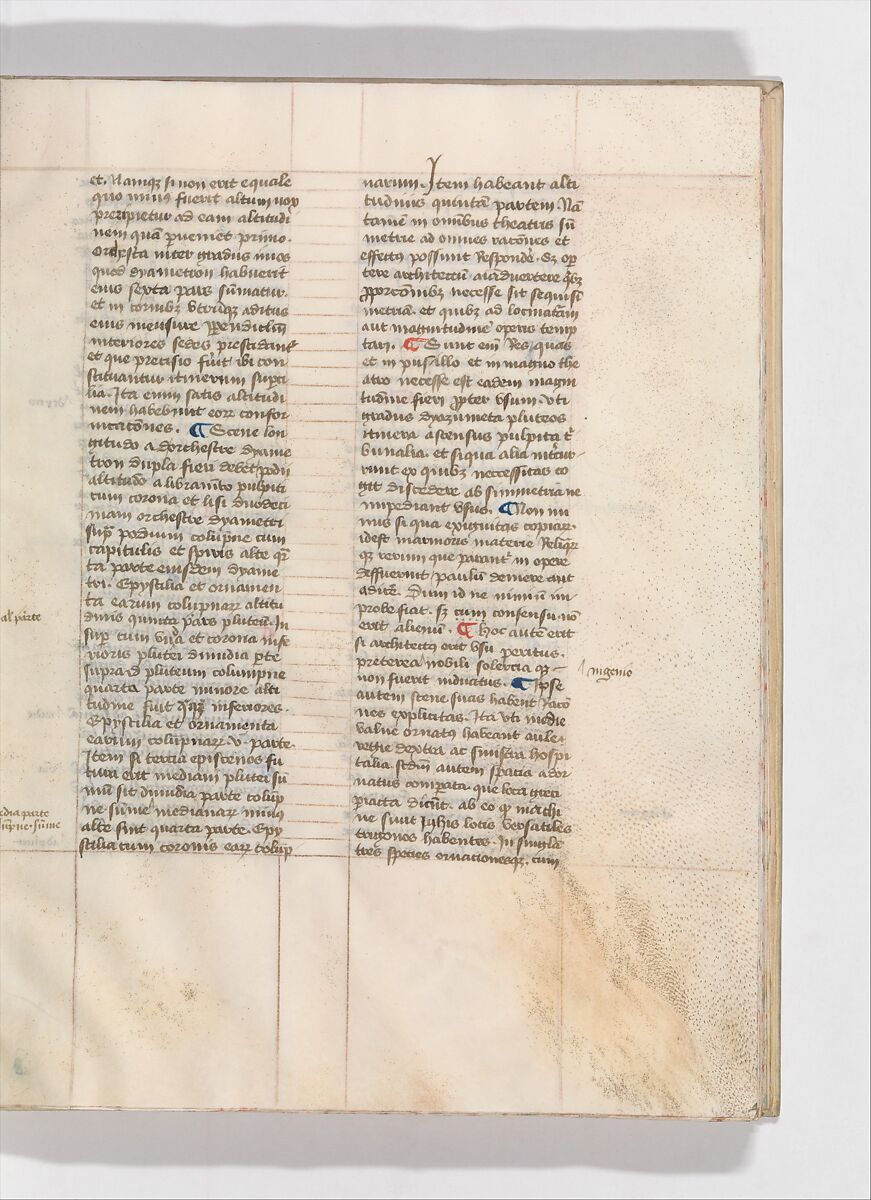 De Architectura, Marcus Pollio Vitruvius (Roman, active late 1st century BCE), Manuscript; brownish black ink and red and blue pigments on vellum