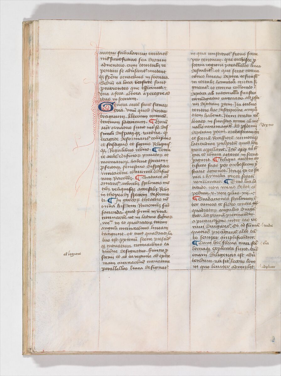 De Architectura, Marcus Pollio Vitruvius (Roman, active late 1st century BCE), Manuscript; brownish black ink and red and blue pigments on vellum