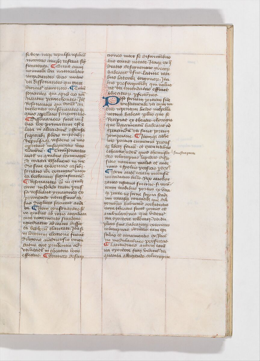 De Architectura, Marcus Pollio Vitruvius (Roman, active late 1st century BCE), Manuscript; brownish black ink and red and blue pigments on vellum