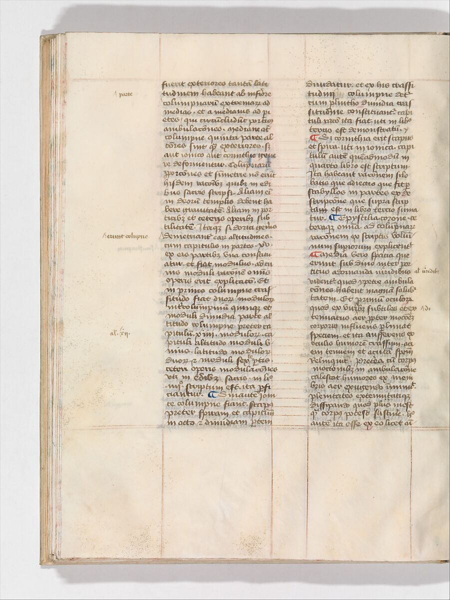 De Architectura, Marcus Pollio Vitruvius (Roman, active late 1st century BCE), Manuscript; brownish black ink and red and blue pigments on vellum