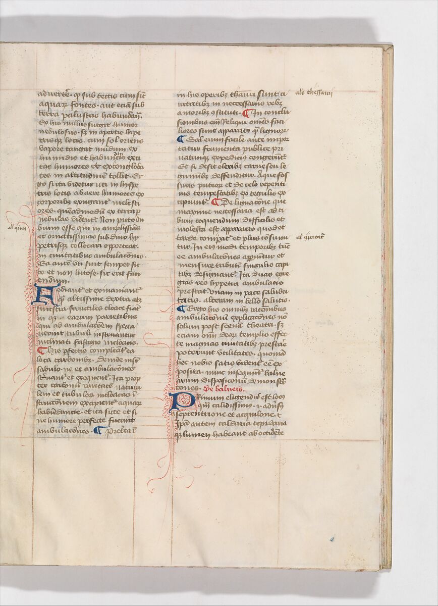 De Architectura, Marcus Pollio Vitruvius (Roman, active late 1st century BCE), Manuscript; brownish black ink and red and blue pigments on vellum